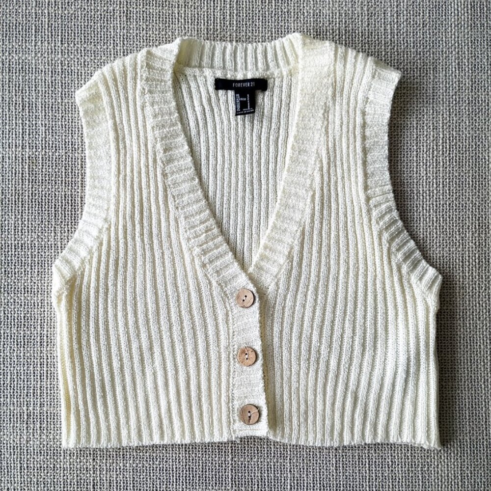 Forever 21 Cream Knit Button Front Sweater Vest Size S | Ribbed Cropped Tank Top